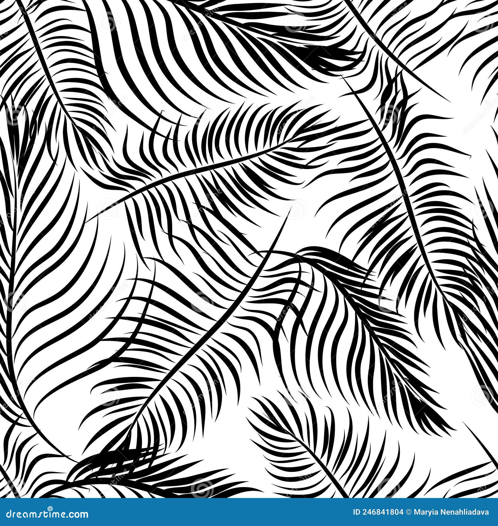Hand Painted Black Palm Leaves Seamless Pattern on White Background