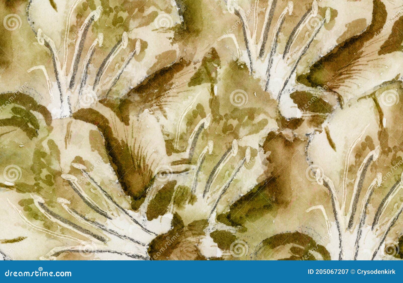 hand-painted brown and green abstract watercolor background with underdrawing