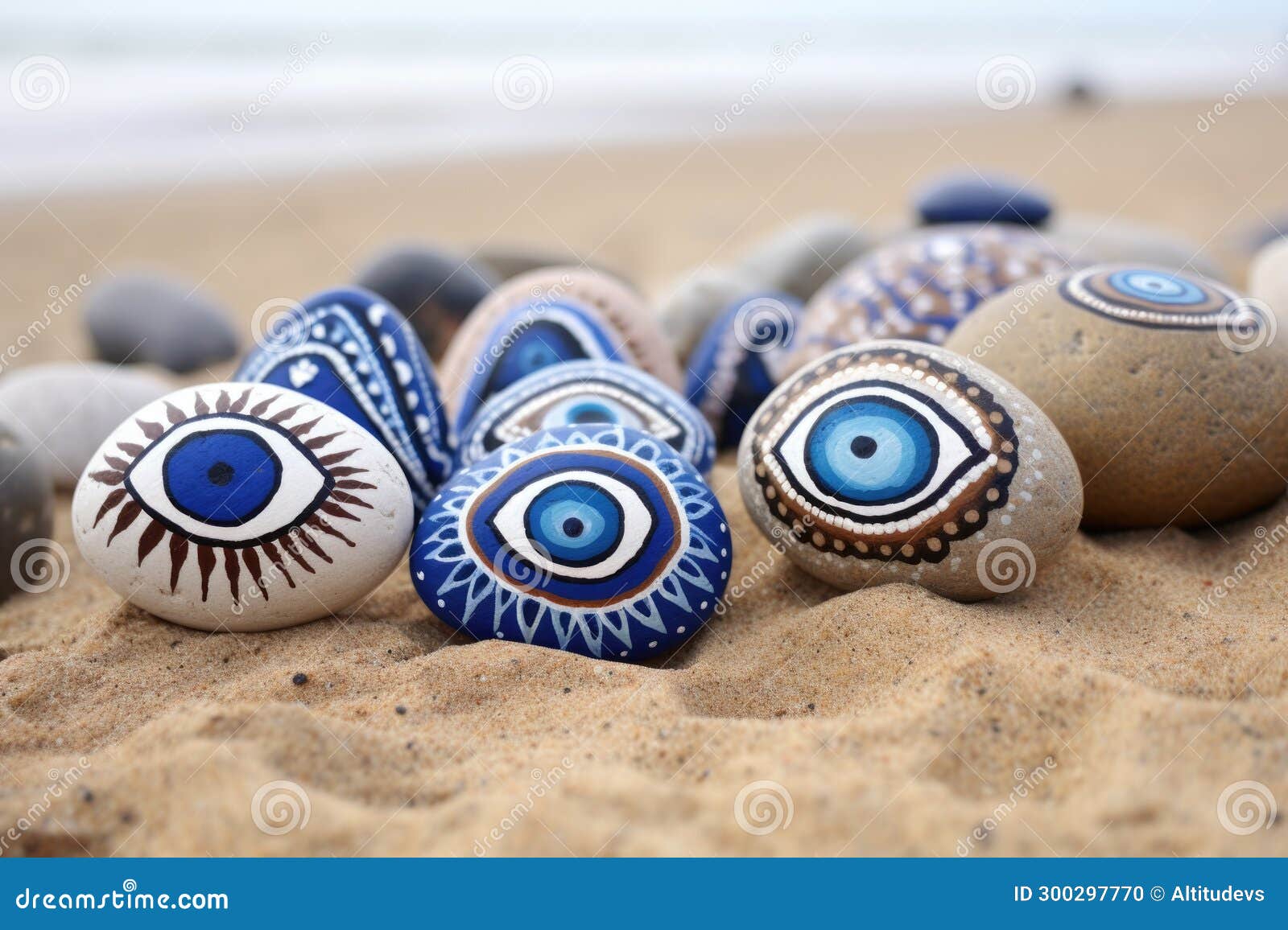 Handpainted Evil Eye Stones Arranged on a Sandy Beach Stock Photo