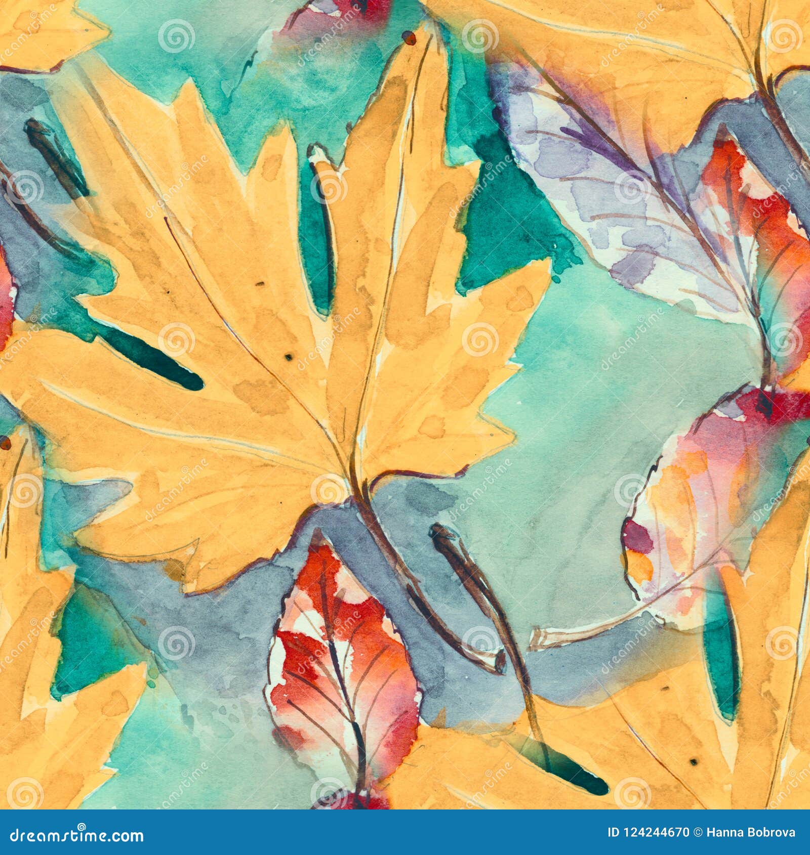 Hand Painted Seamless Pattern. Watercolour Autumn Leaves. Beautiful ...