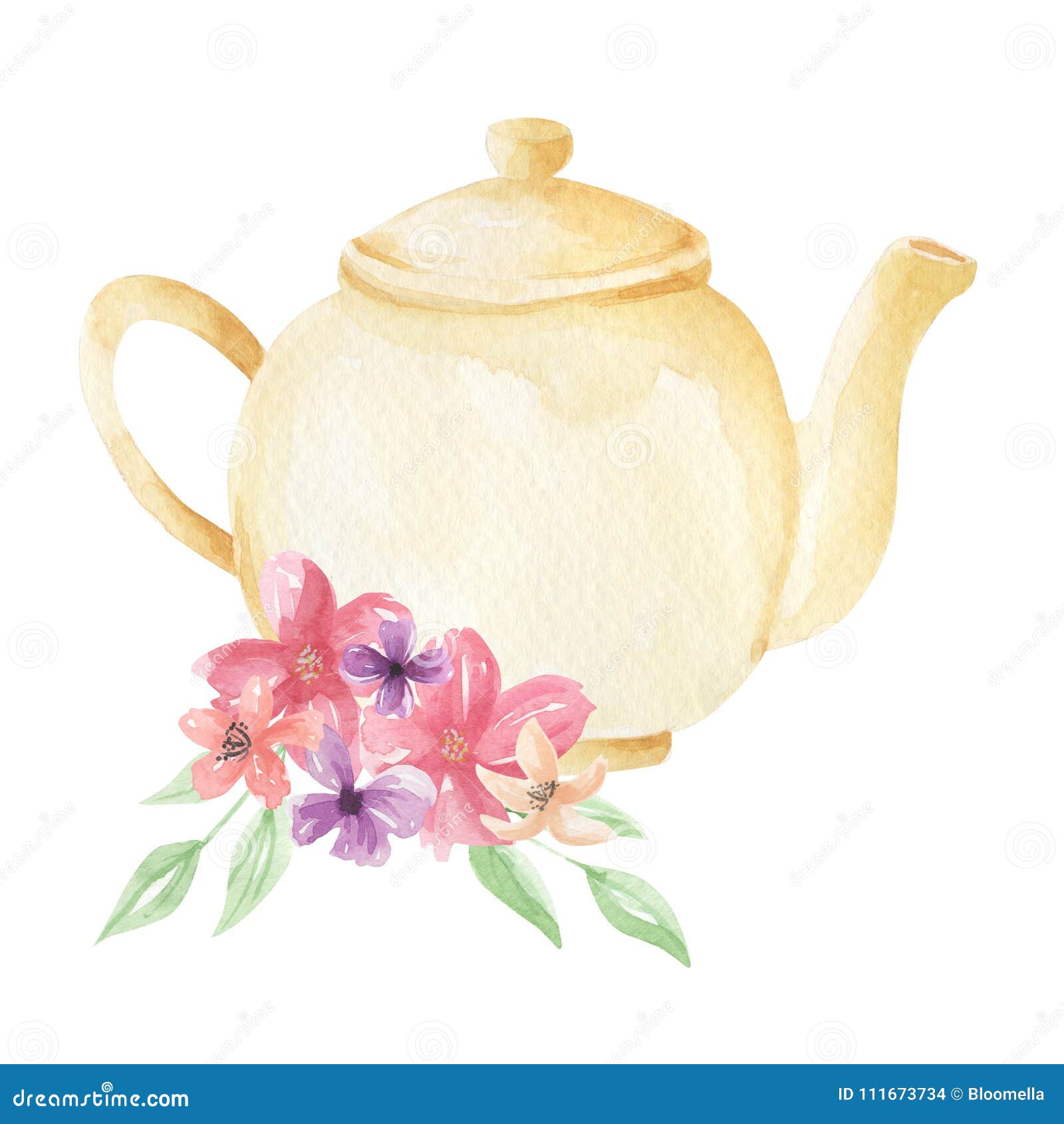 Tea Cup Teapot With Flowers Vintage Watercolor Design Stock Image