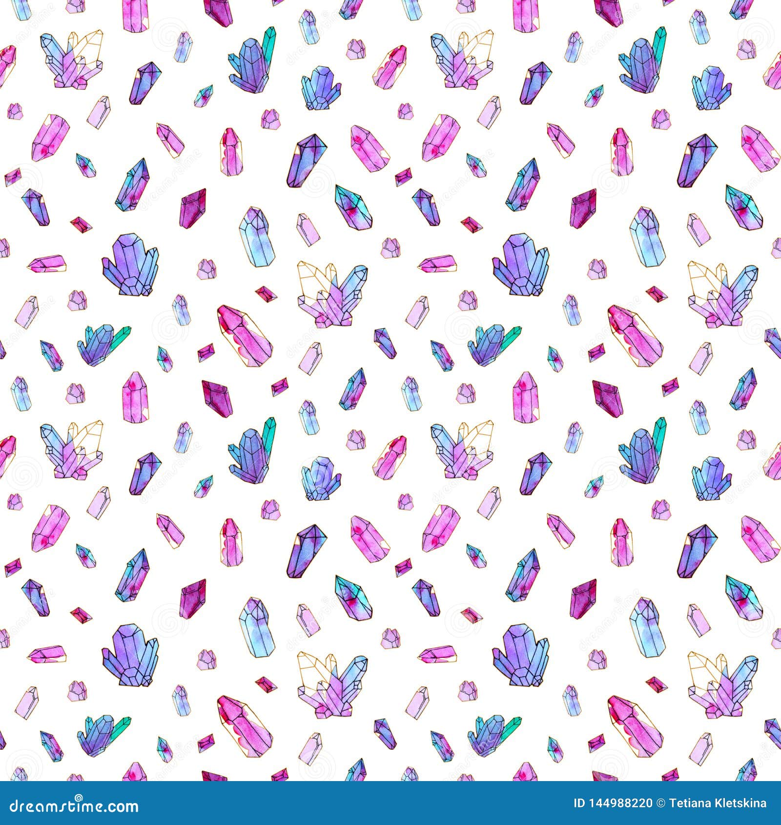 Hand Painted Watercolor Crystals Seamless Pattern Isolated on White ...