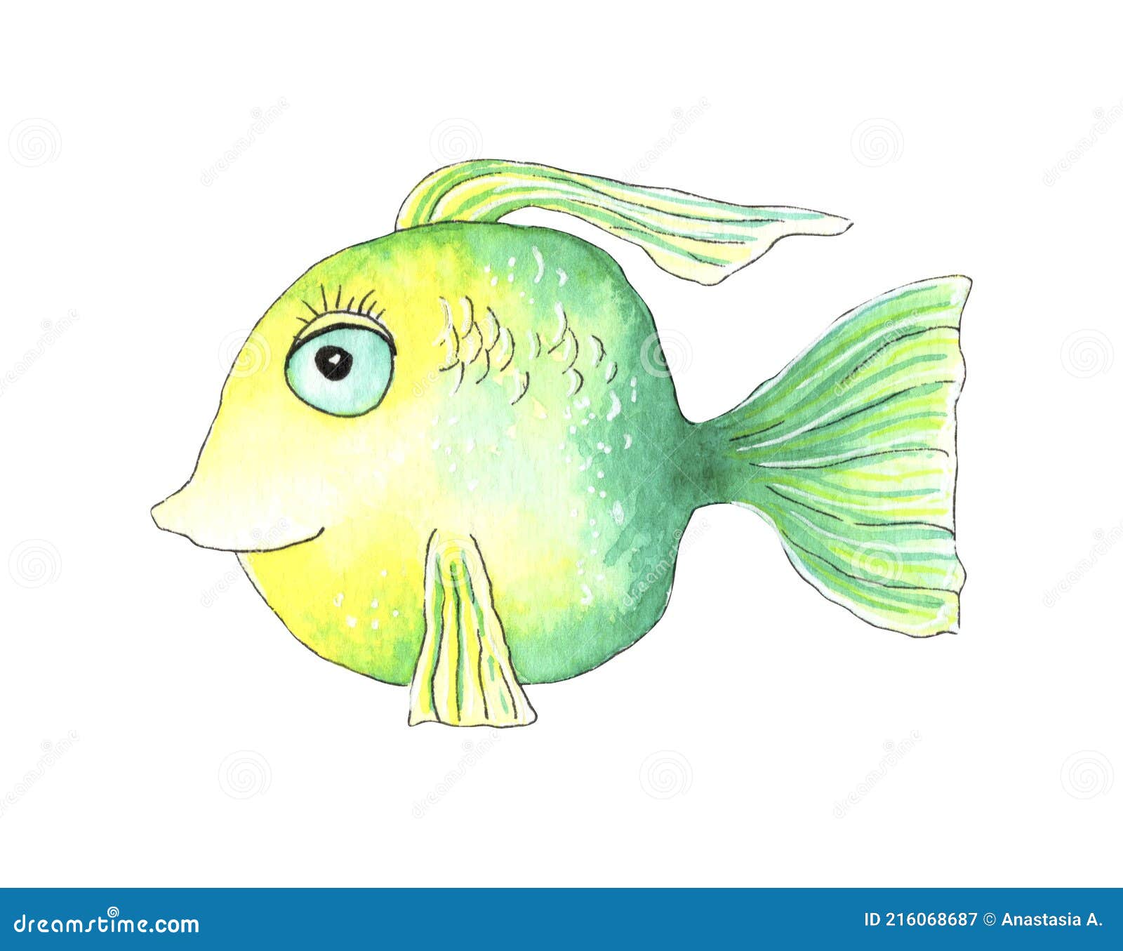 Hand Painted Watercolor Cute Fish Illustration. Stock Illustration