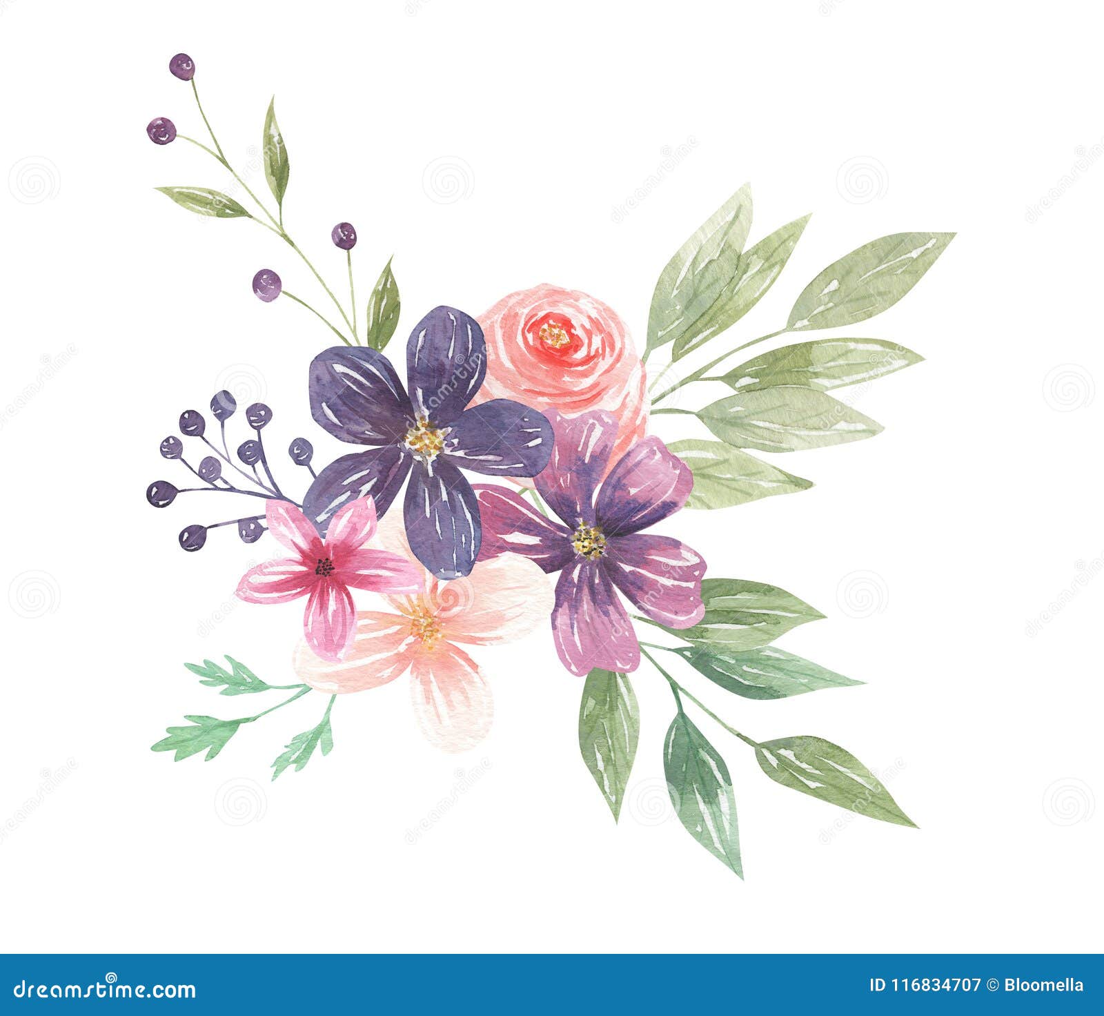 Watercolor Floral Flowers Leaves Purple Berries Bouquets Arrangements ...