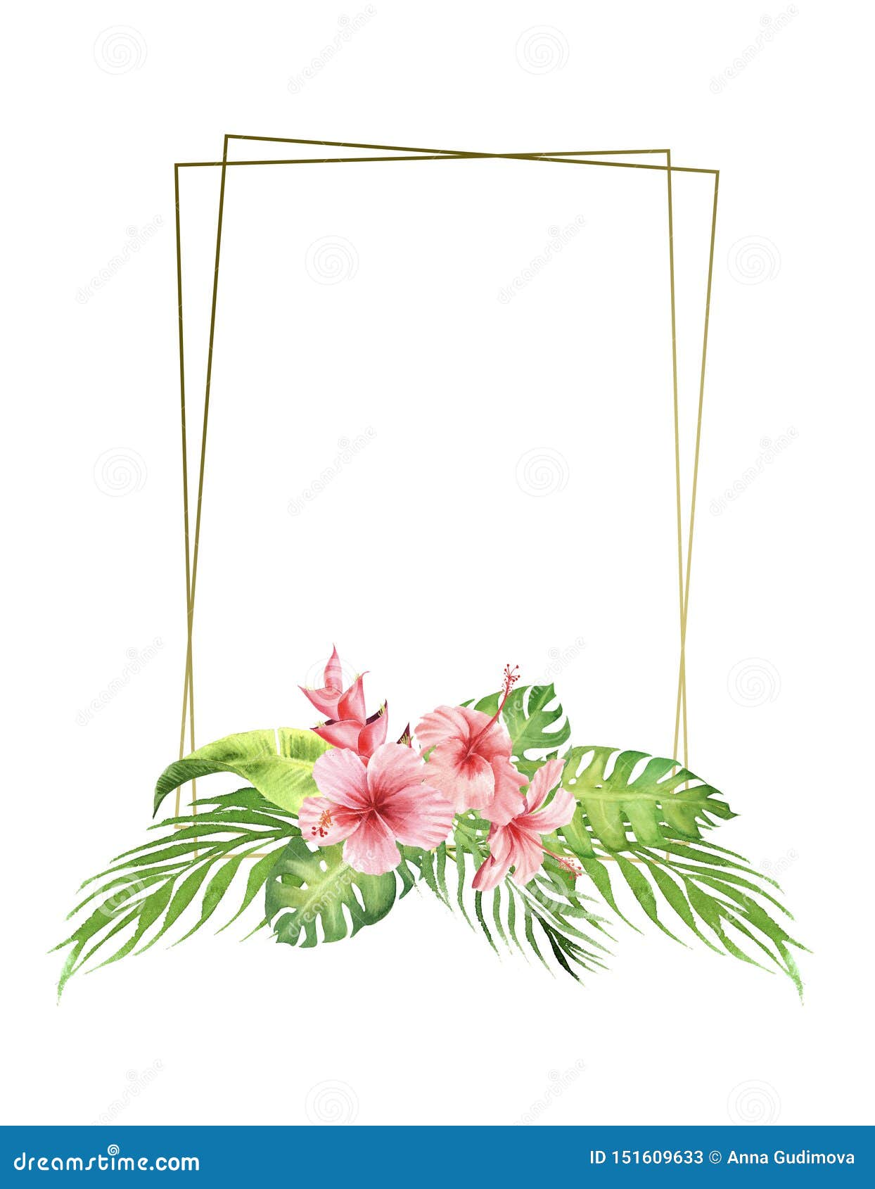 Watercolor Border Frame Pink Tropical Flowers And Leaves Monstera Leaves And Hibiscus Bouquet Empty Space For Text Stock Illustration Illustration Of Decoration Isolated 151609633