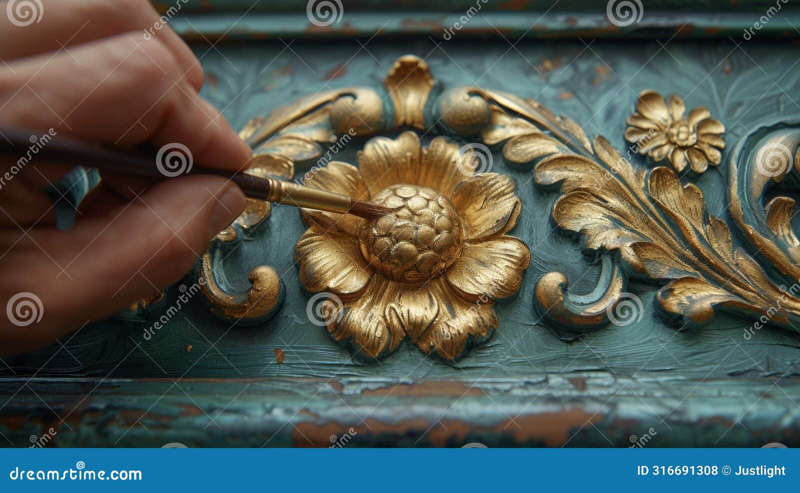 a hand painting delicate gold accents onto a refurbished antique door adding the perfect touch of elegance and