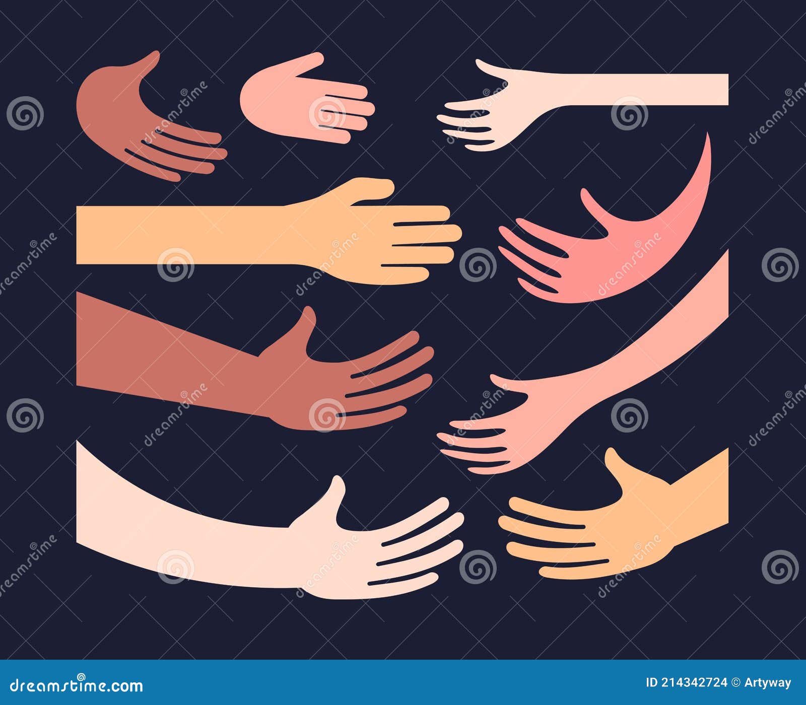 hand and palm different color skin icon set handshake greetings hugs. humans hands and arms of different nationalities