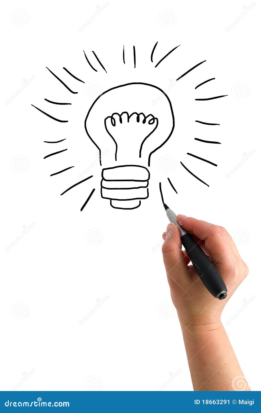 The Hand with a Pen Drawing Light Bulb Stock Illustration - Illustration of  drawing, bulb: 18663291