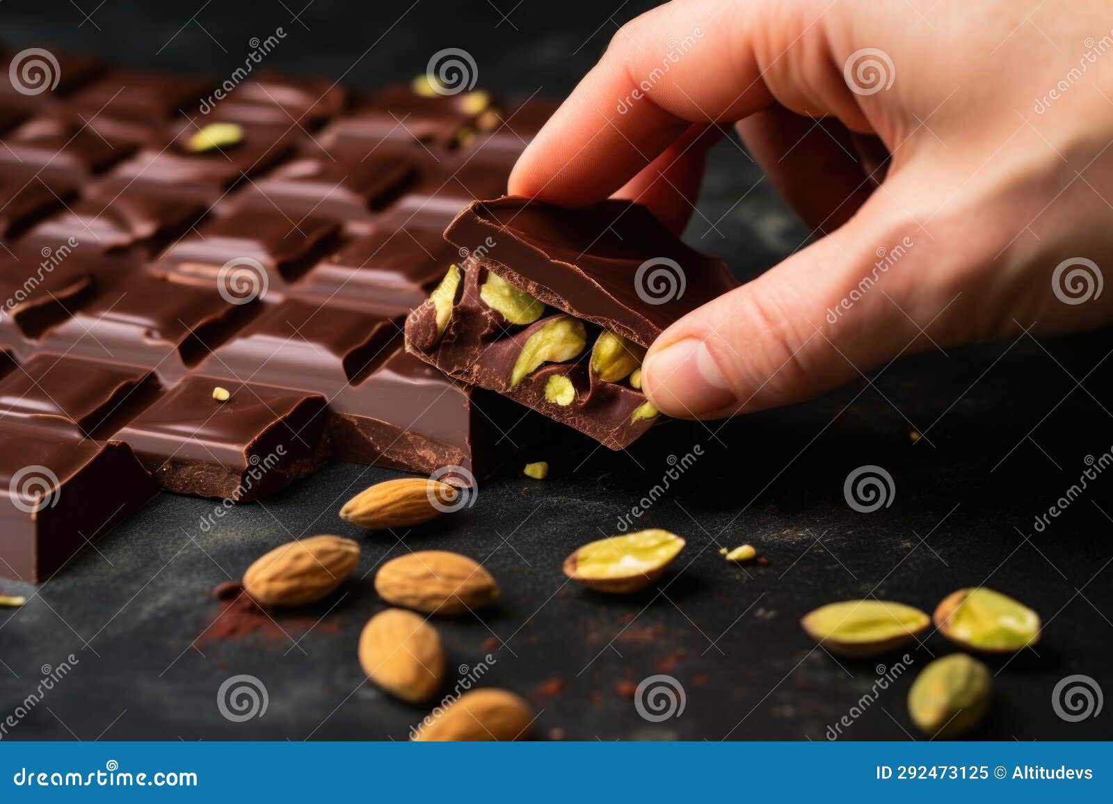 Hand Placing a Pistachio Kernel Onto a Piece of Chocolate Stock Image