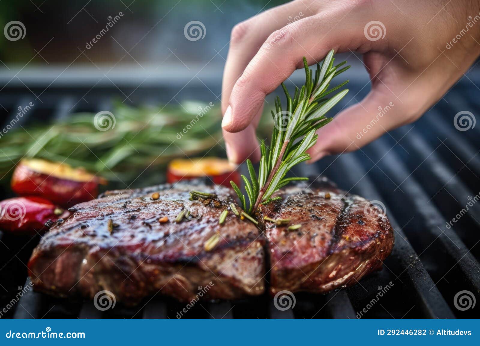 Hand Placing Rosemary Sprig on a Grilled Steak Stock Illustration