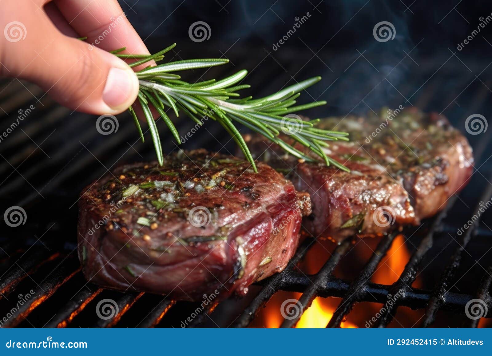 Hand Placing Rosemary Sprig on a Grilled Steak Stock Image Image of