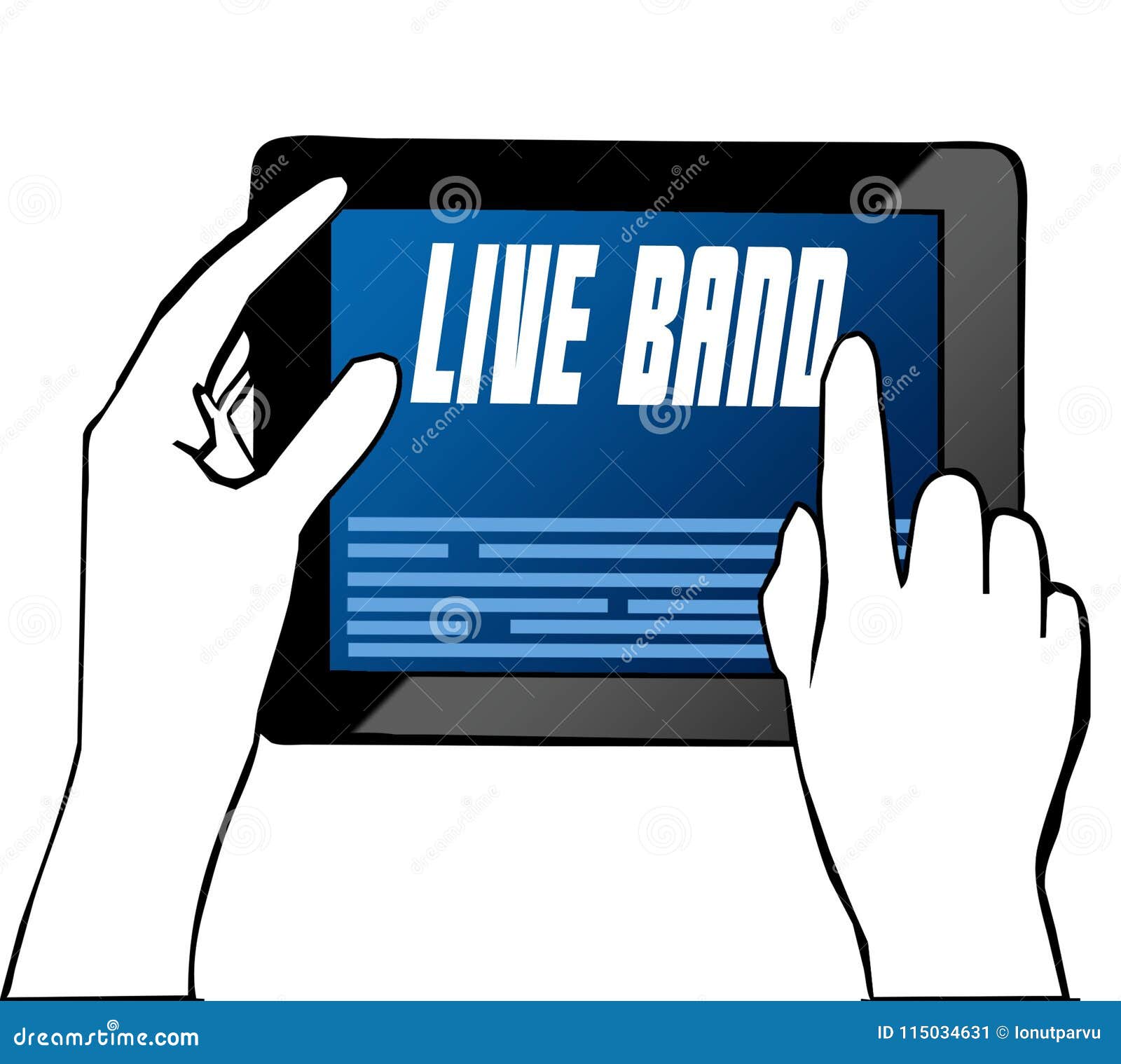 hand pointing at live band text on tablet. .