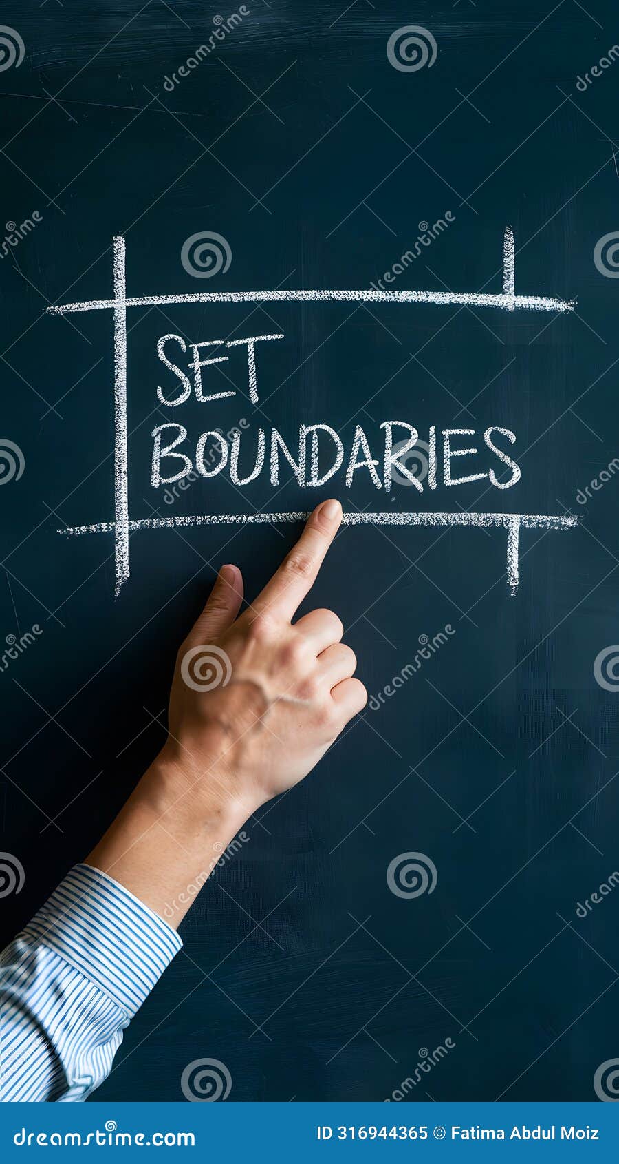 hand points to set boundaries on blackboard, emphasizing limits