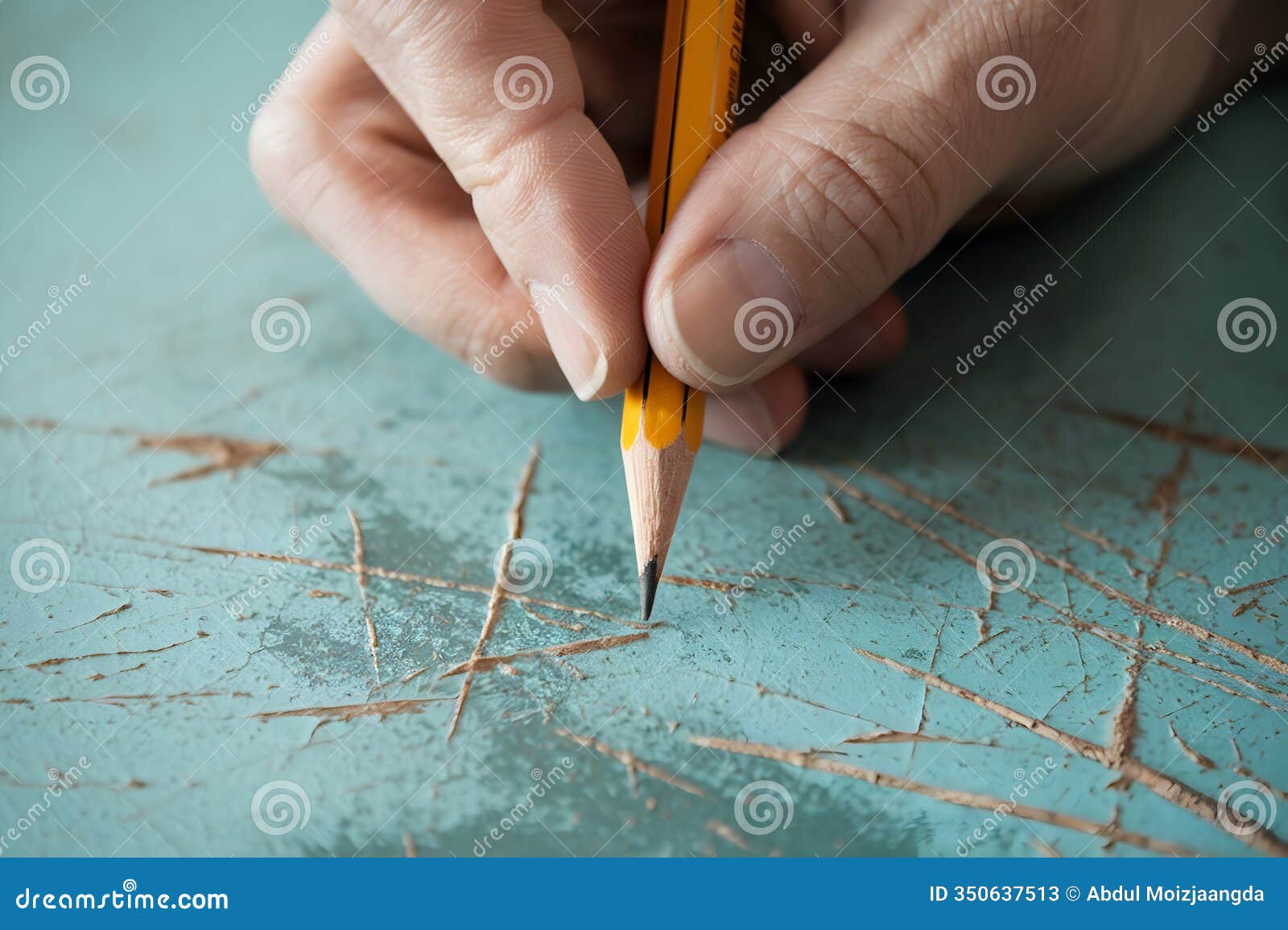 yellow pencil poised over turquoise surface, vintage texture adds artistic charm