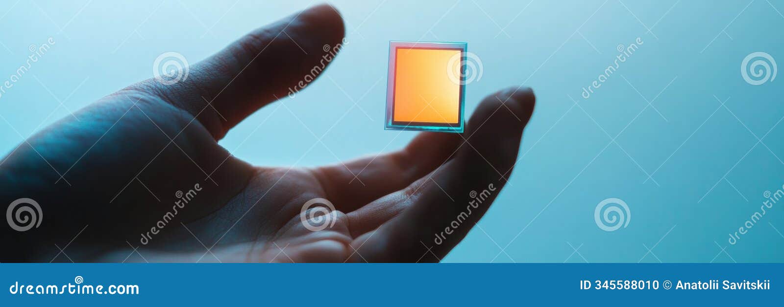 a hand is presenting a micro biochip that shows holographic health metrics in a futuristic lab environment, highlighting