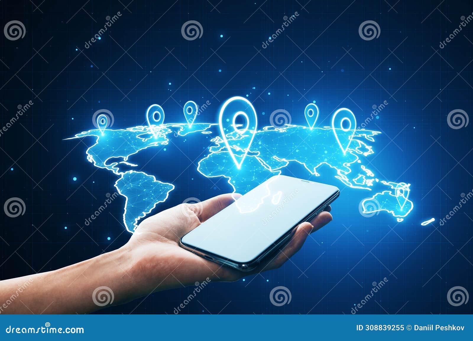 a hand presenting a smartphone with digital global network connection and location pins