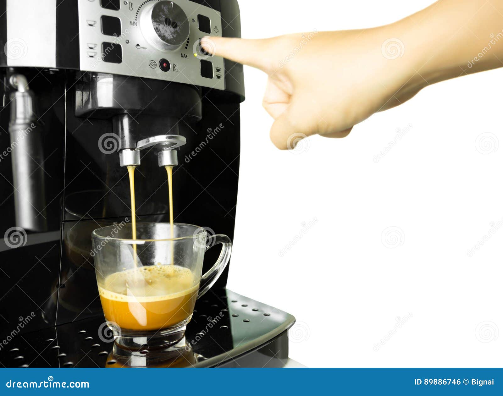 Hand Press Coffee Machine Making Cup of Coffee Isolated Stock Photo
