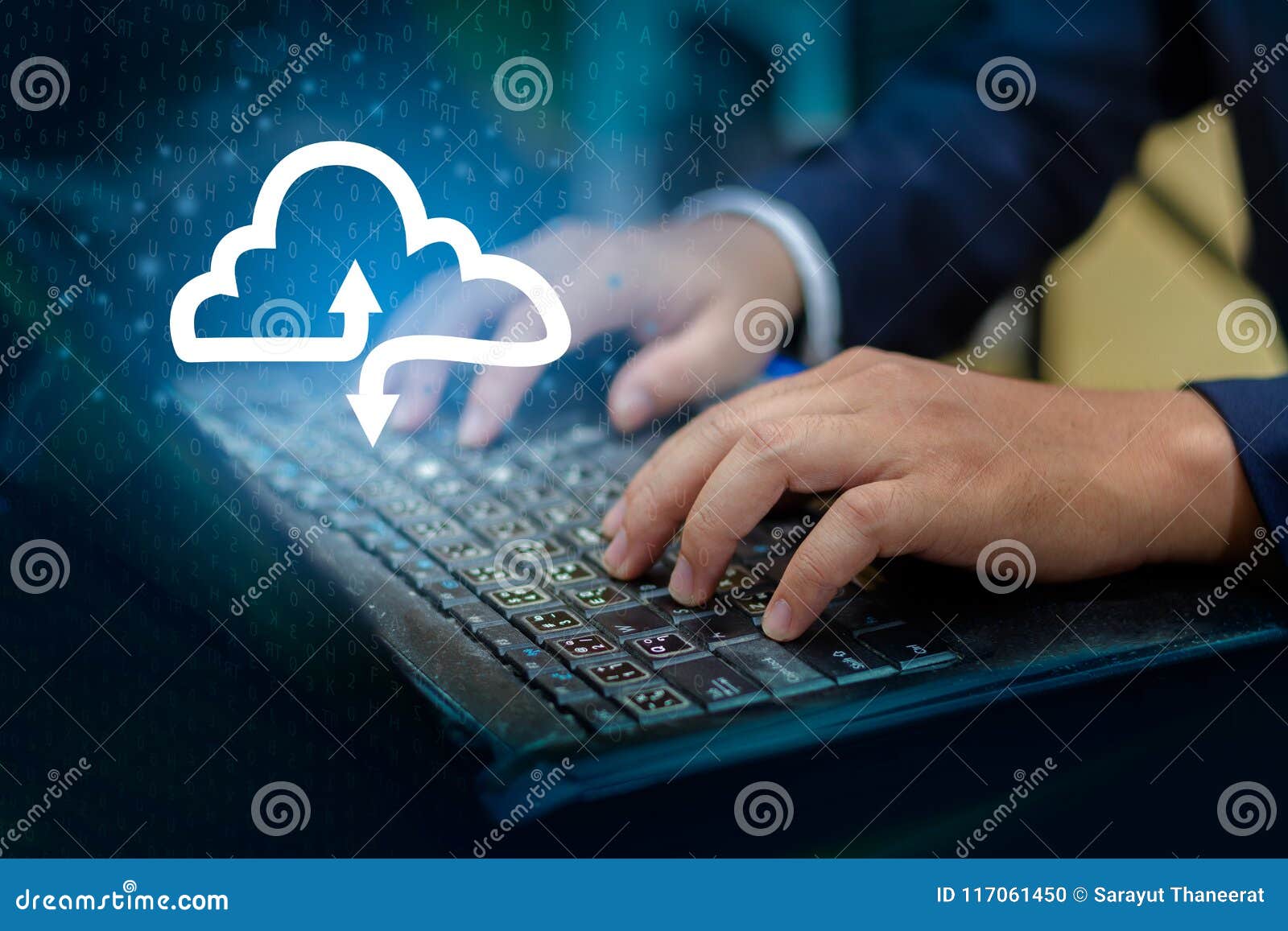 hand print keyboard press enter button on the computer hand businessman connect cloud collect data cloud computing concept busing