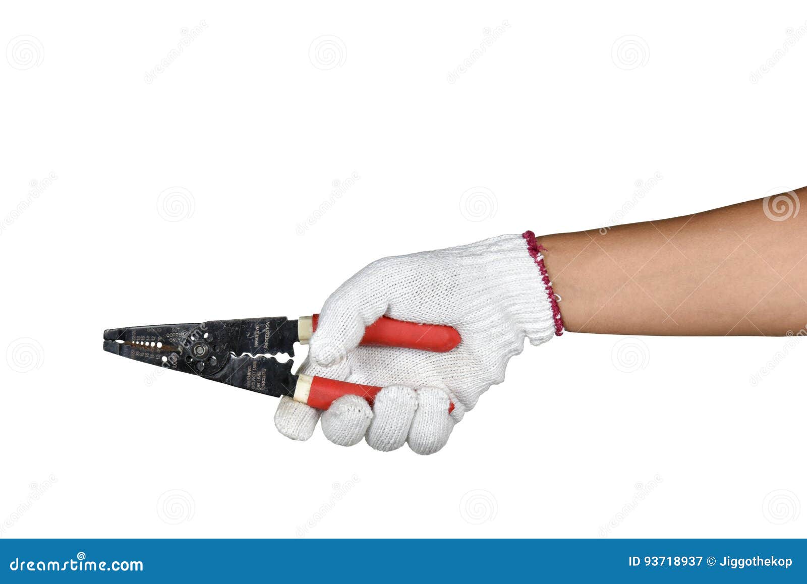 A Hand with Protection Glove Holding Wire Stripping and Cutting Stock
