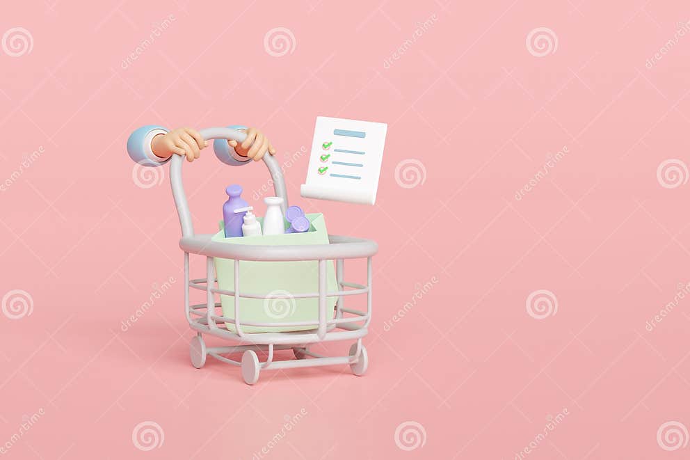 Hand Pushing a Shopping Cart with Checklist, Shopping Paper Bags Miscellaneous Isolated on Pink