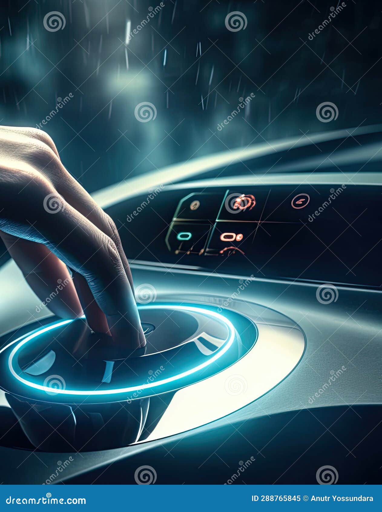 Hand Pushing on a Smart Start Button on Car Control Engine Ignition for