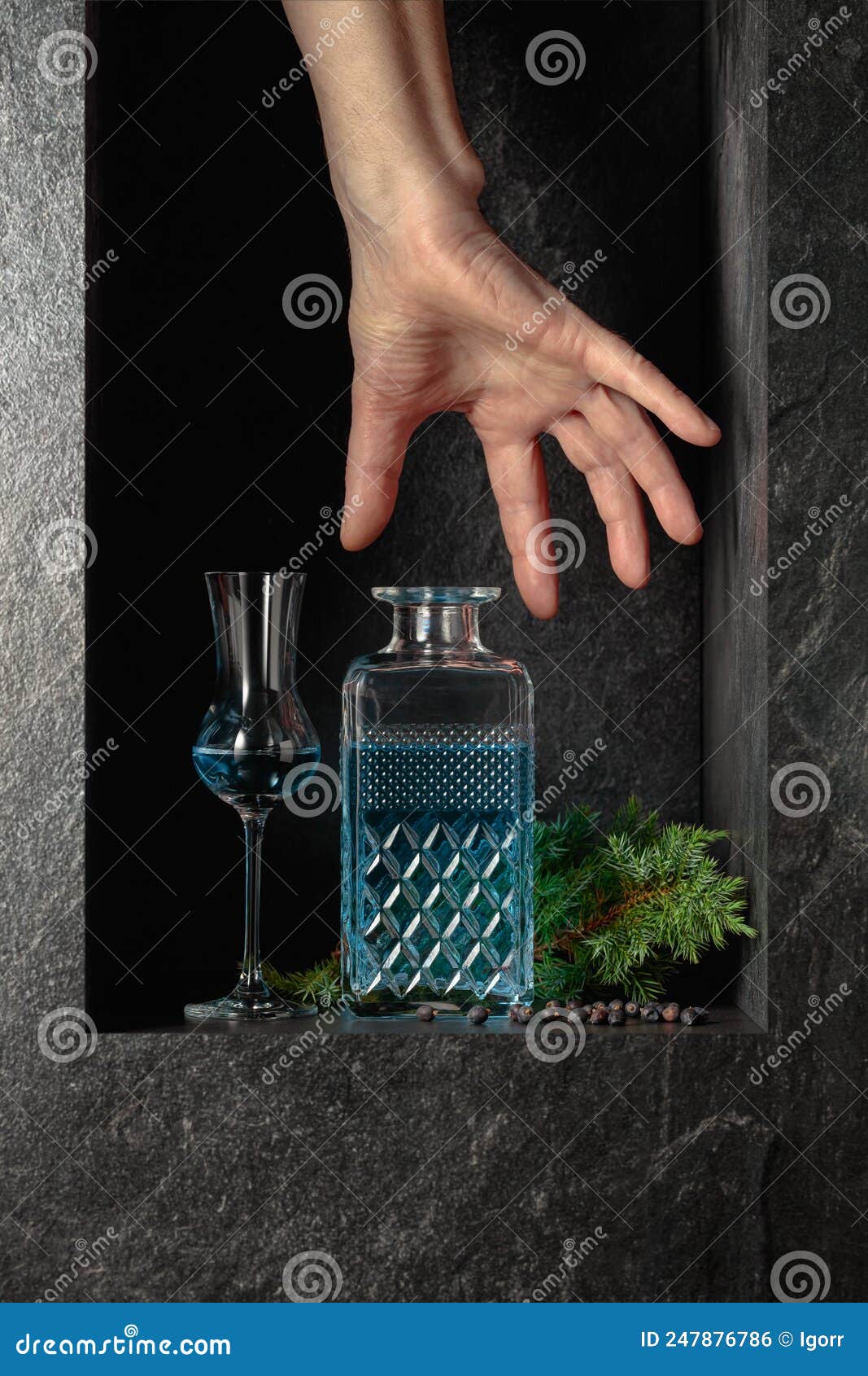 Hand Reach for a Decanter of Gin Stock Photo Image of food, drink