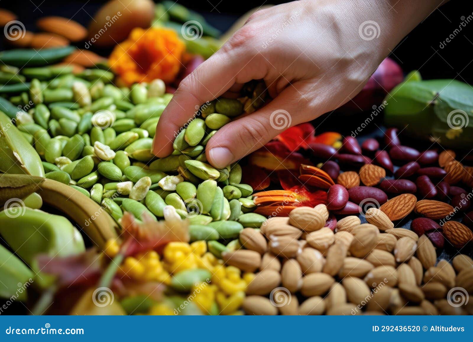 Hand Reaching for an Edamame Bean from a Trail Mix Stock Photo Image