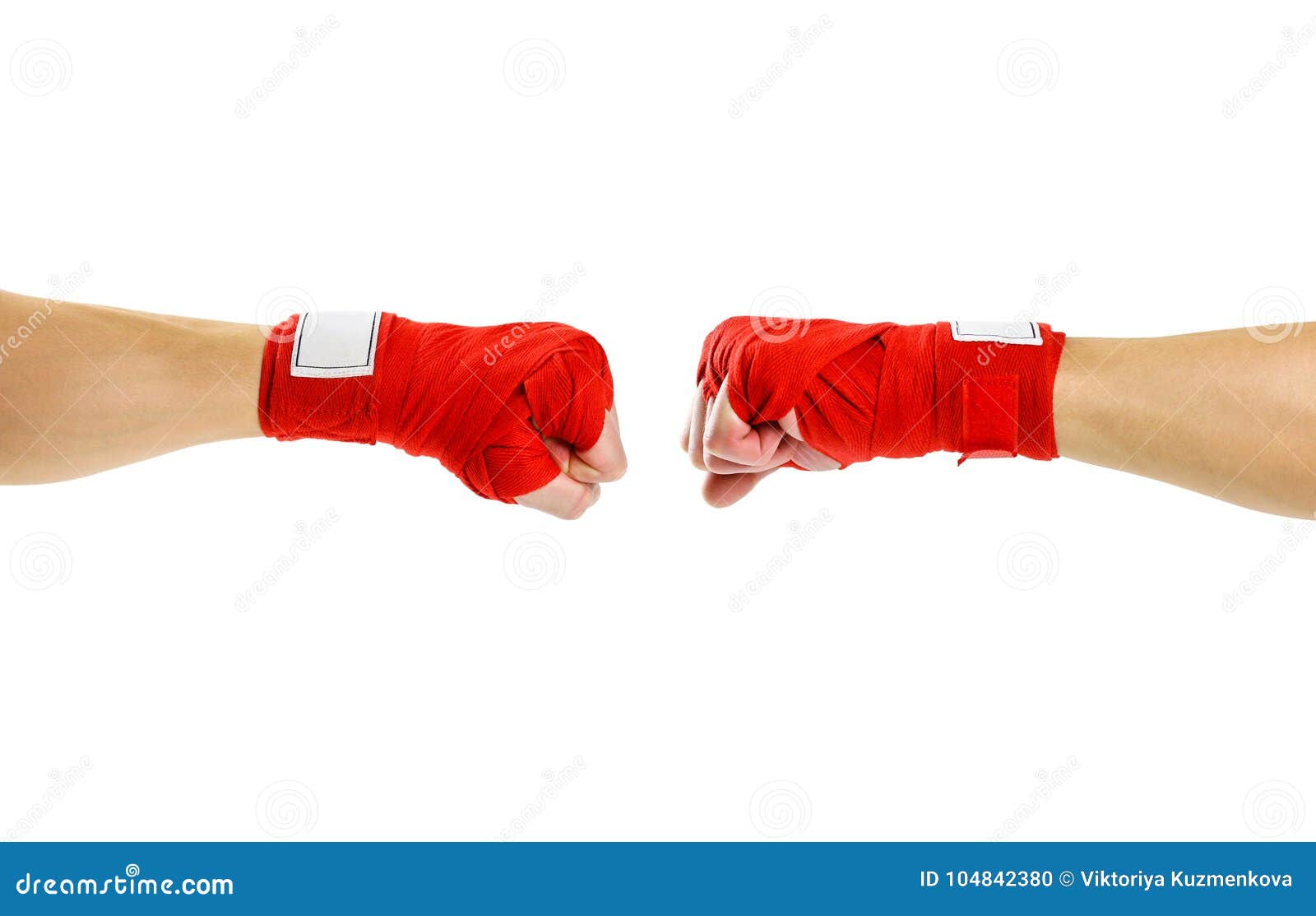 Hand in Red Boxing Bandages. Fist To Fist. Two Fists in Red Boxing