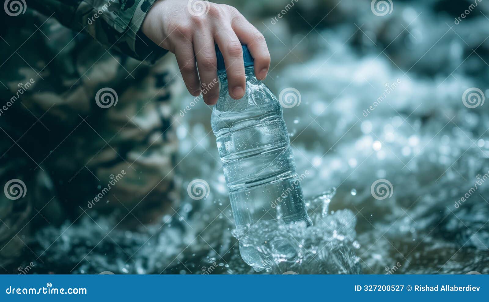 hand refilling water bottle from a stream