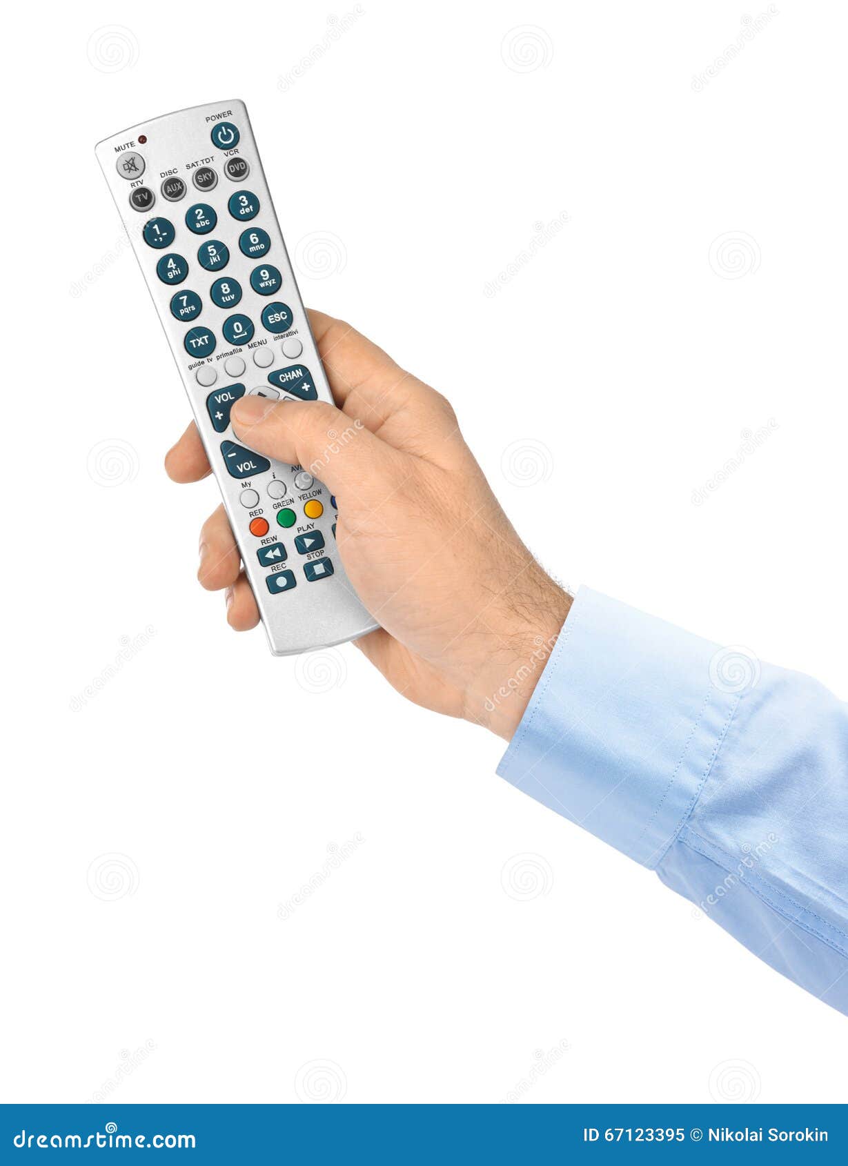 Hand with remote control stock image. Image of isolated 67123395