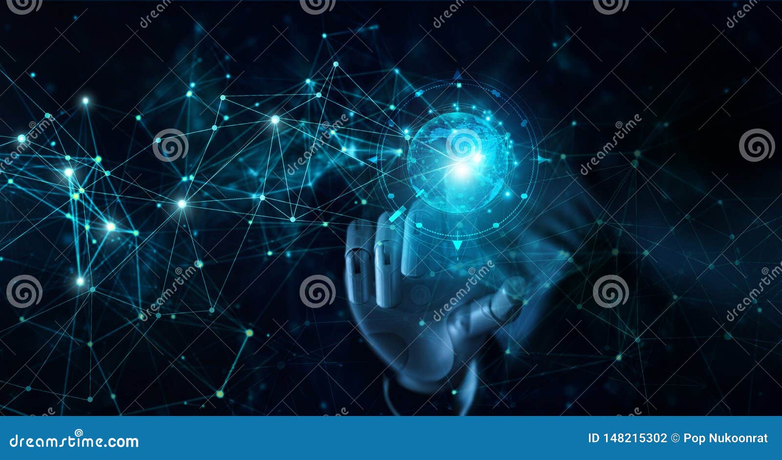 hand of robot touching global futuristic network connection. ai, artificial intelligence,