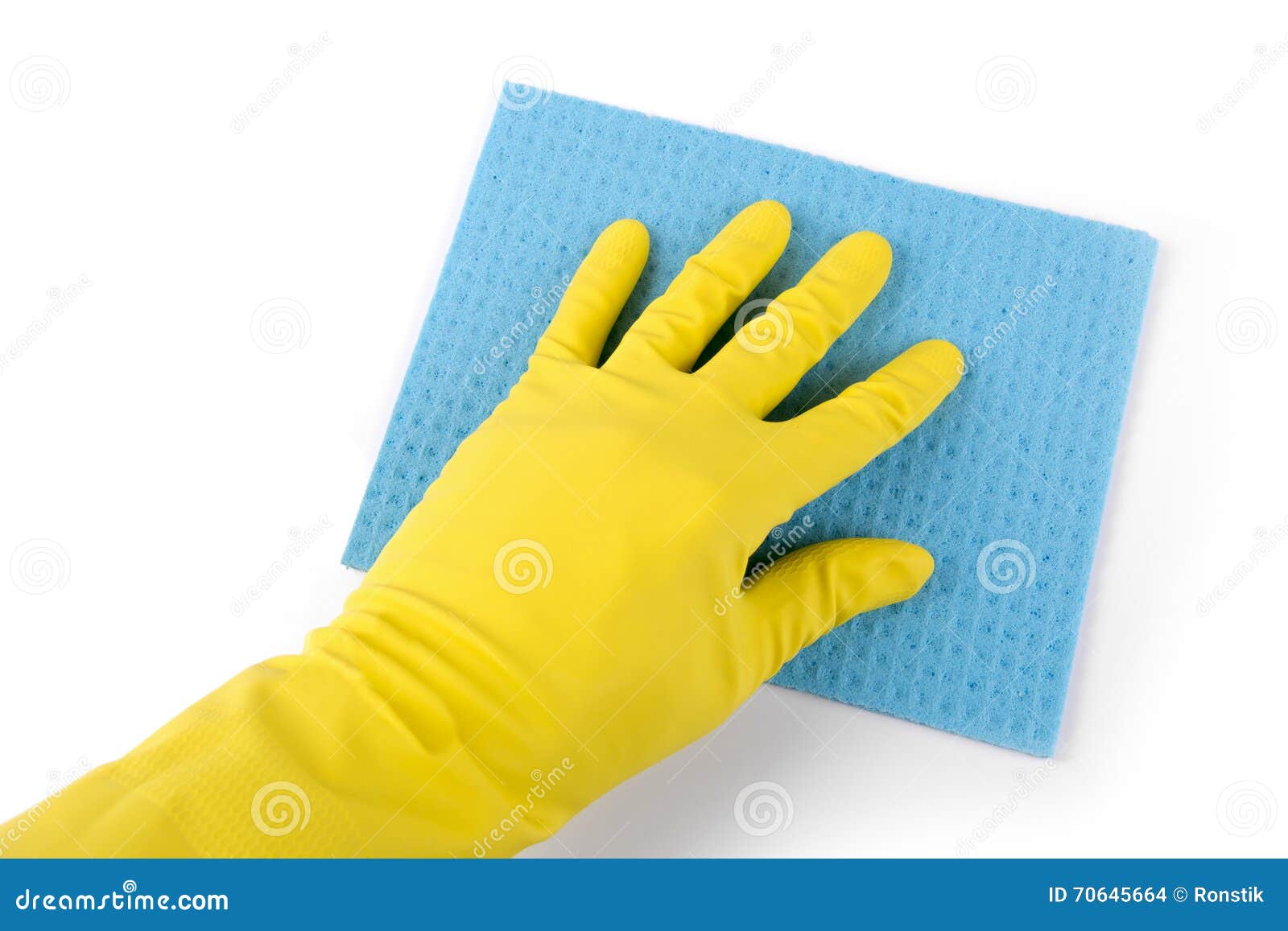 Hand in Rubber Glove with Blue Sponge Isolated on White Stock Photo
