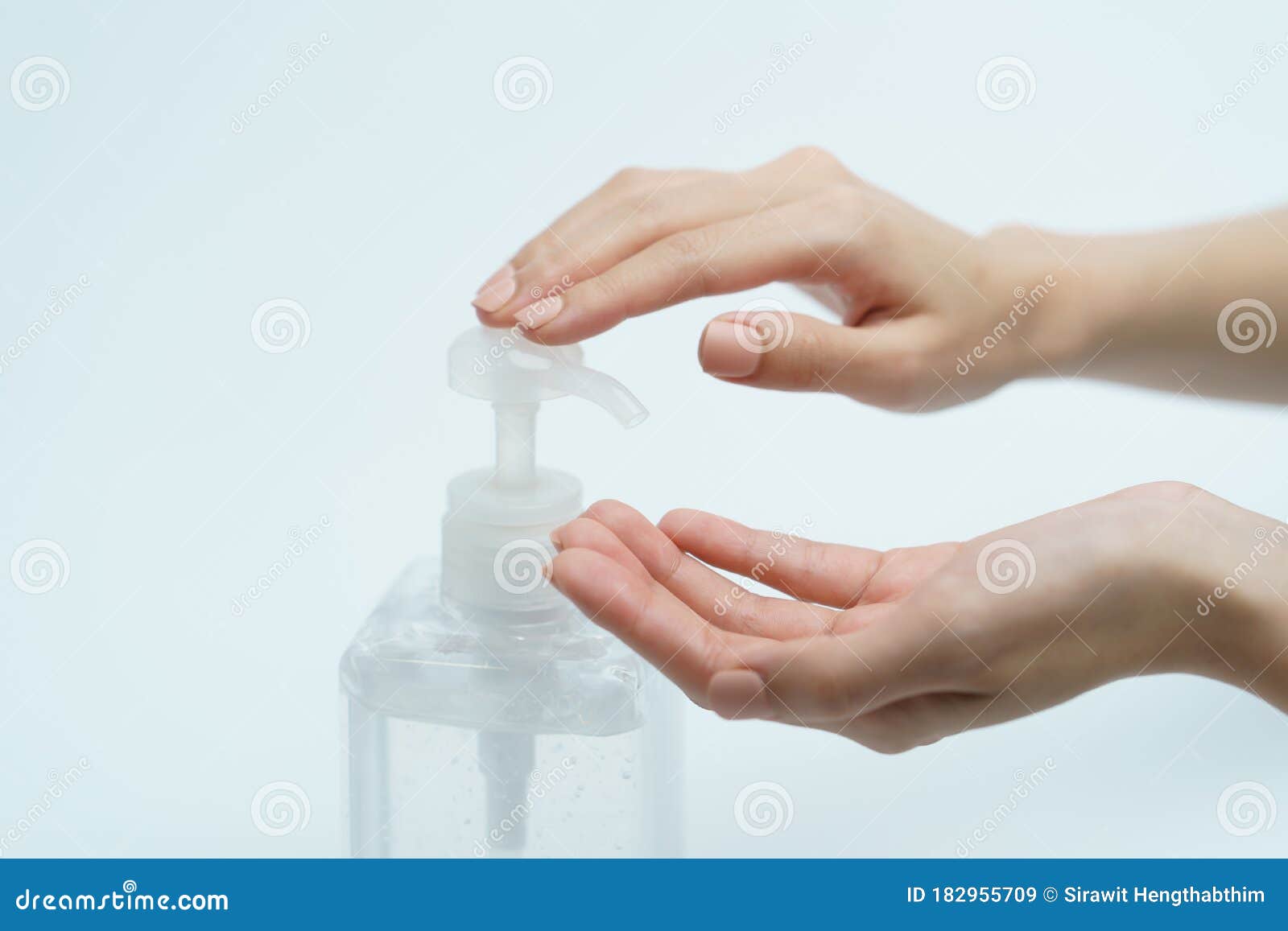 Hand with Hand Sanitizer in a Clear Pump Bottle on a White Background Stock Image Image of