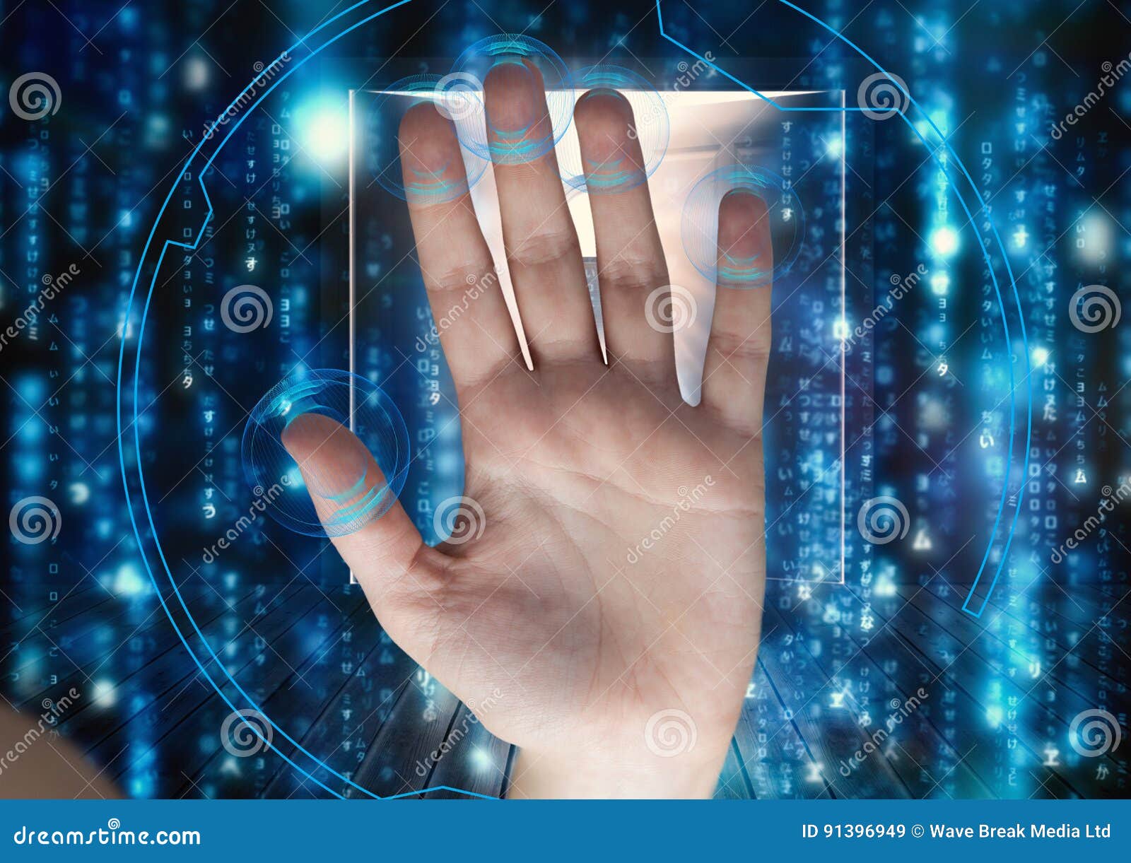 Digital composite of hand scan with circle on the fingers. Raining of binary code