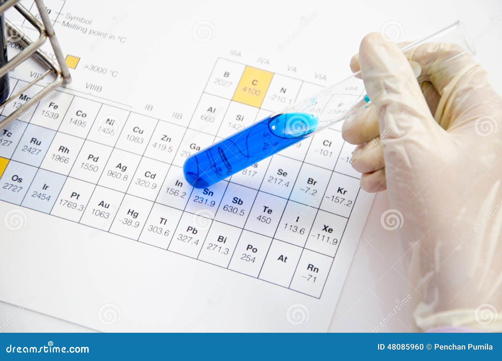 Hand Scientist Hold Test Tubes Medical Glassware on Periodic Tab Stock
