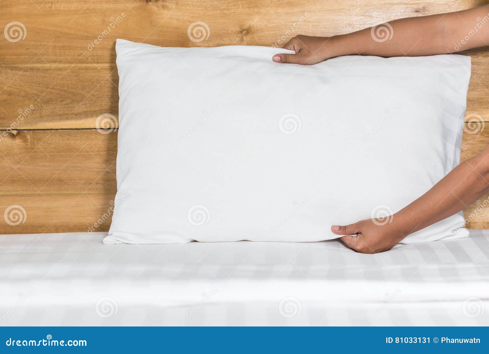Hand Set Up White Pillow on Bed Sheet in Hotel Room Stock Image Image of lifestyle, house