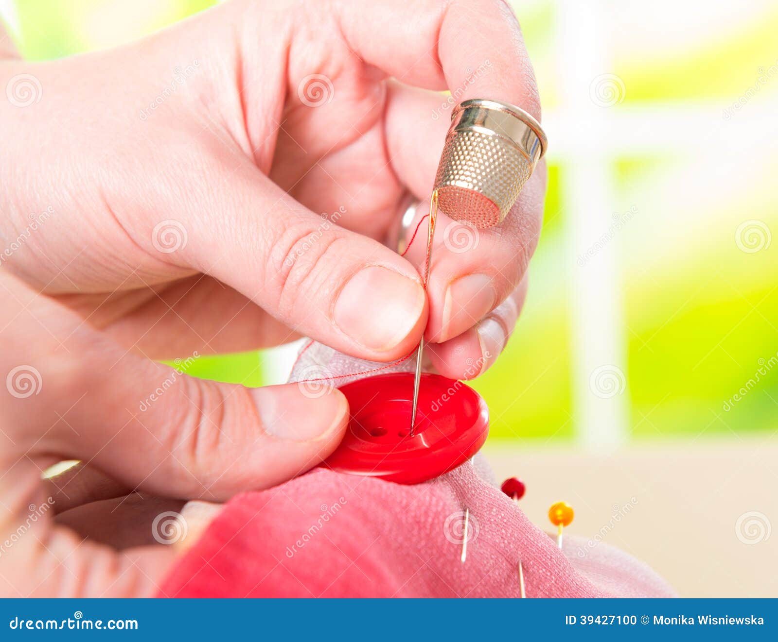 Hand Sewing Button on Fabric Stock Photo Image of string, accessory