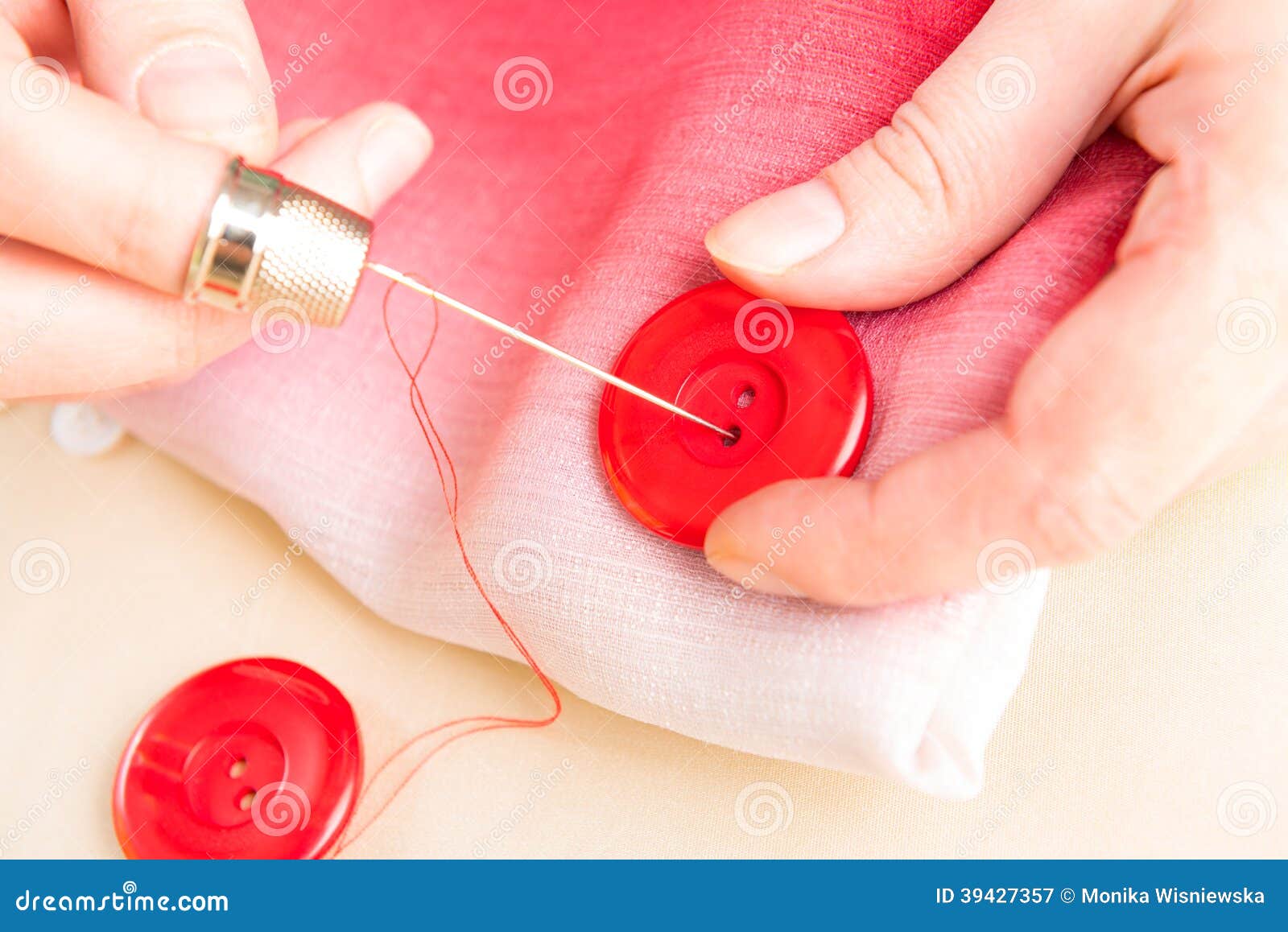 Hand Sewing Button on Fabric Stock Image Image of handmade, cloth