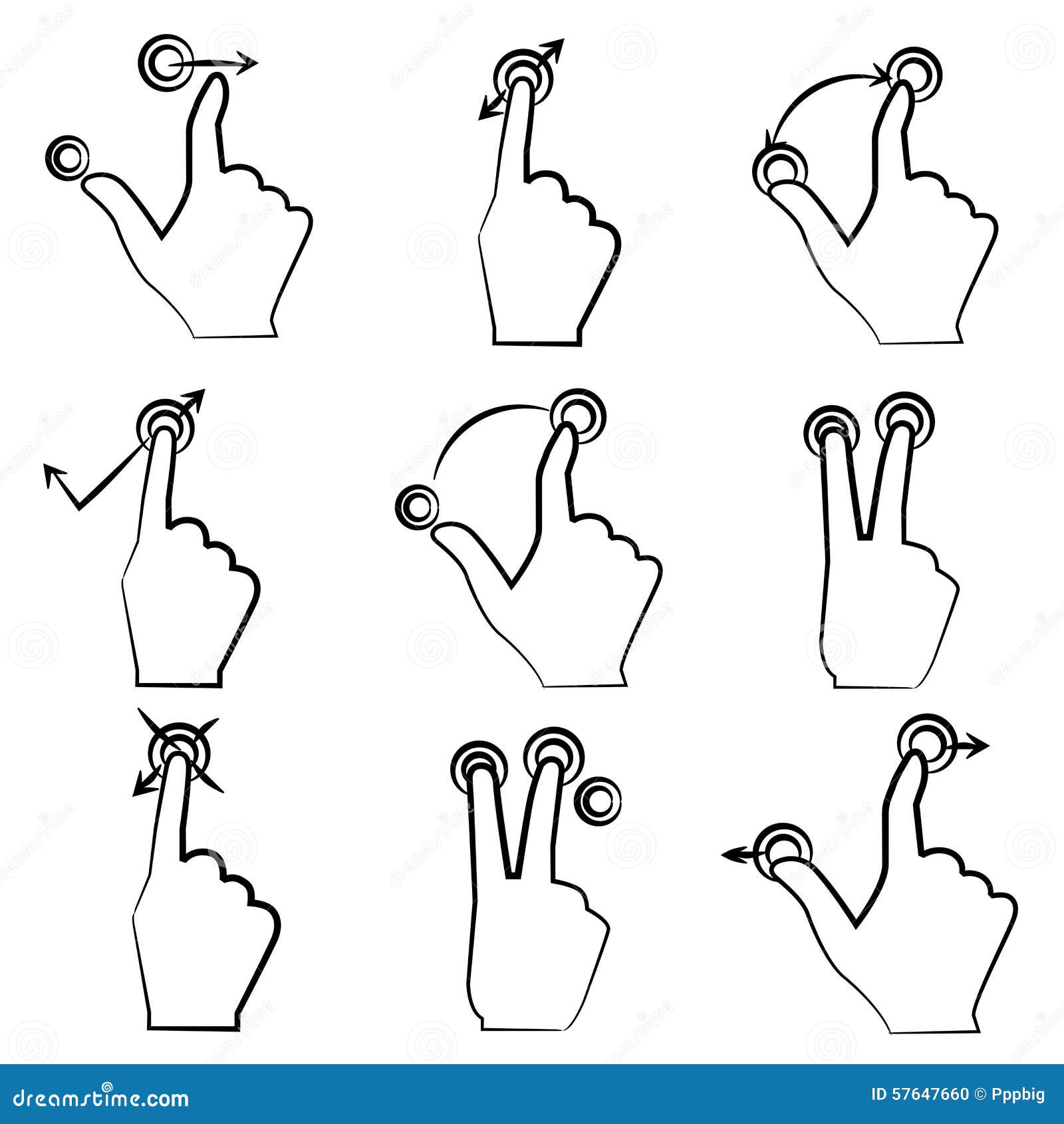 Hand signs, touch screen stock illustration. Illustration of button 57647660
