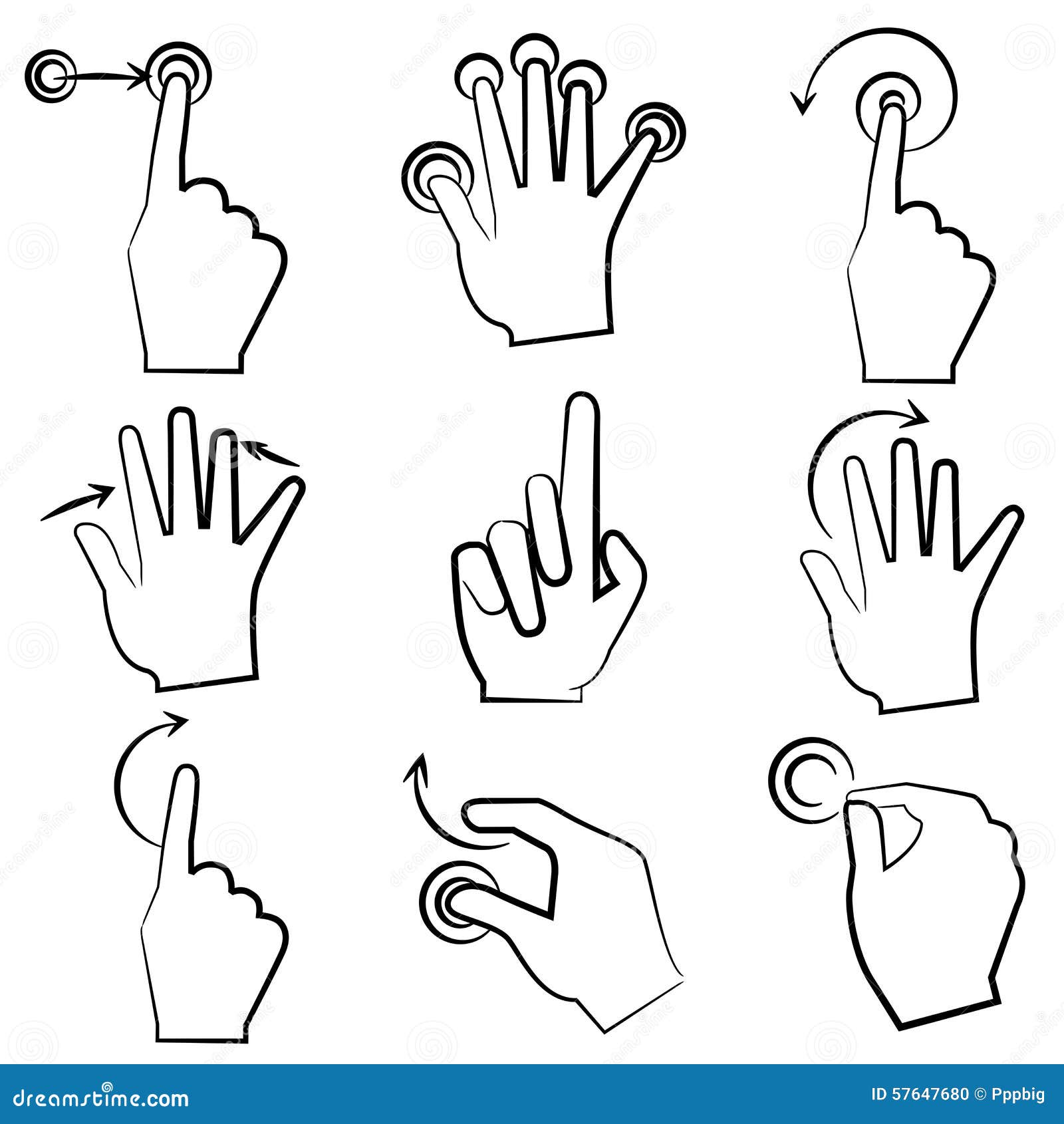 Hand signs, touch screen stock illustration. Illustration of drag 57647680
