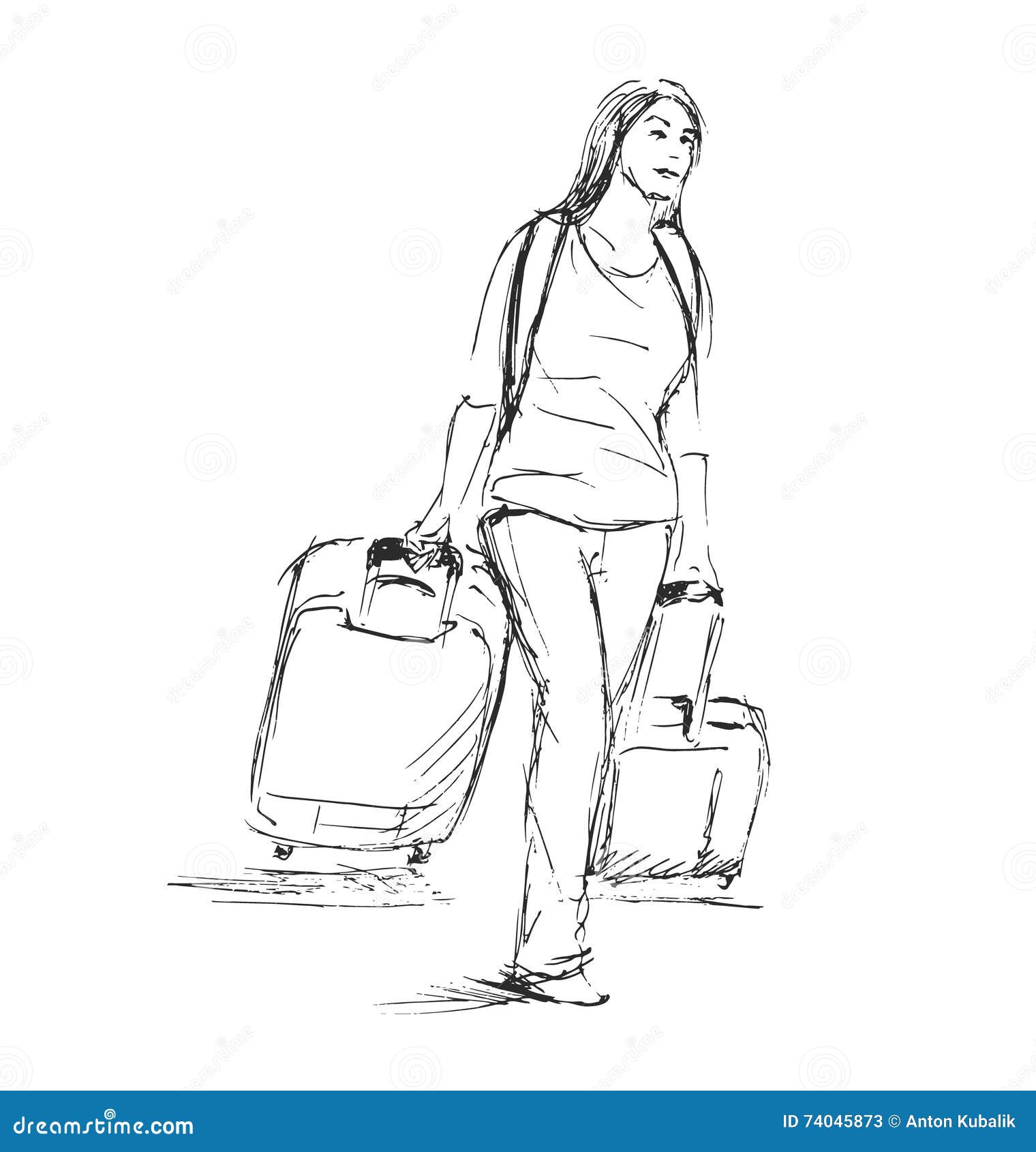 Hand Sketch Woman with a Suitcase Stock Vector Illustration of