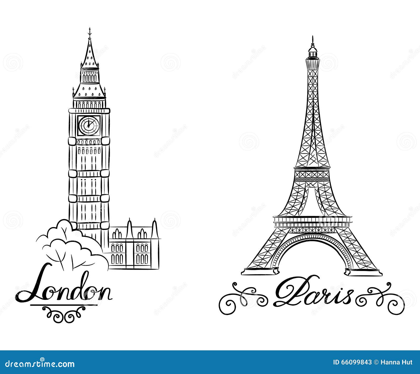 hand sketch world famous landmark collection : big ben london, england and sketch of paris, eiffel tower