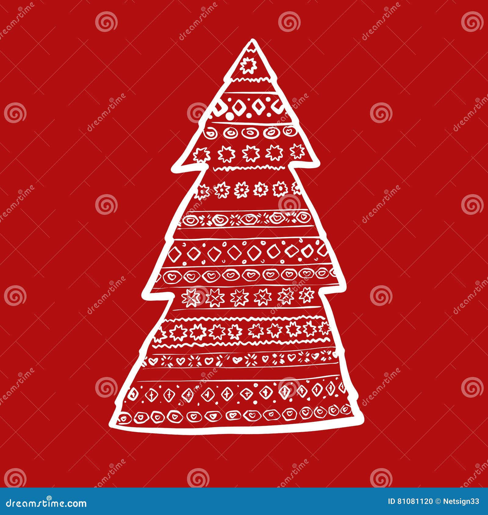 Hand Sketched Christmas Tree with Ornaments on Red Stock Vector