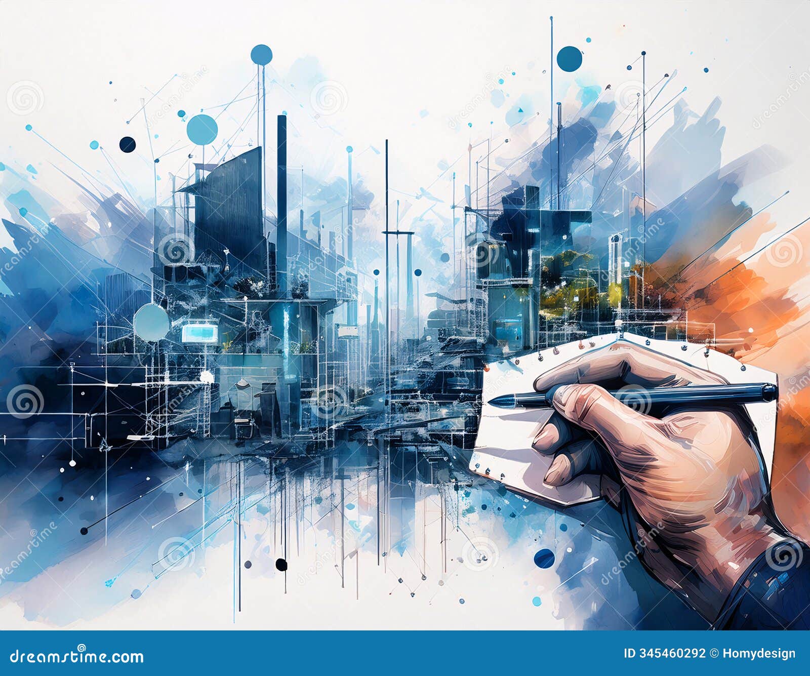 a hand sketching a futuristic cityscape, blending digital and traditional art styles