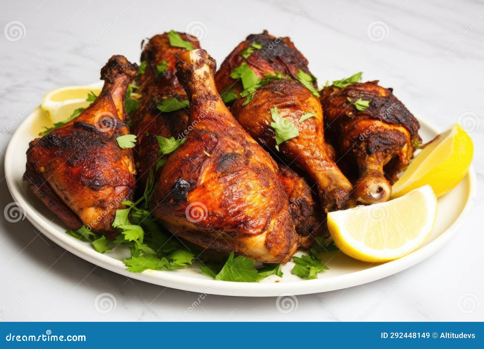 Hand Slewing Ovenroasted Jerk Drumsticks on a Serving Plate Stock