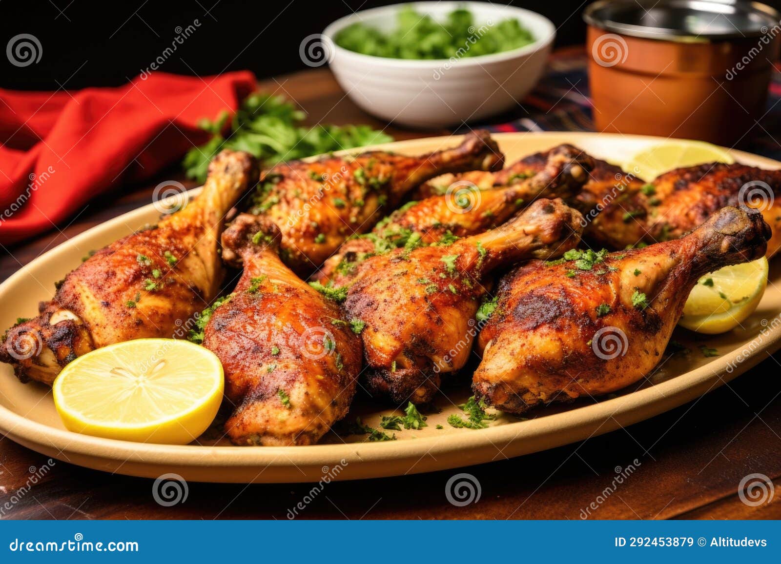 Hand Slewing Ovenroasted Jerk Drumsticks on a Serving Plate Stock