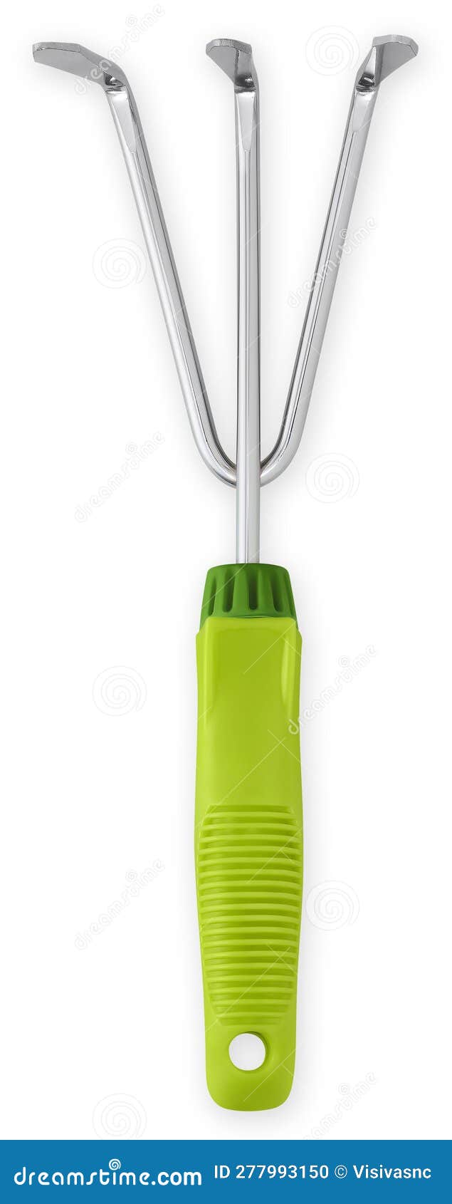 hand spud rake with plastic green grip, weeding and turning soil, garden tool equipment  with clipping path, for