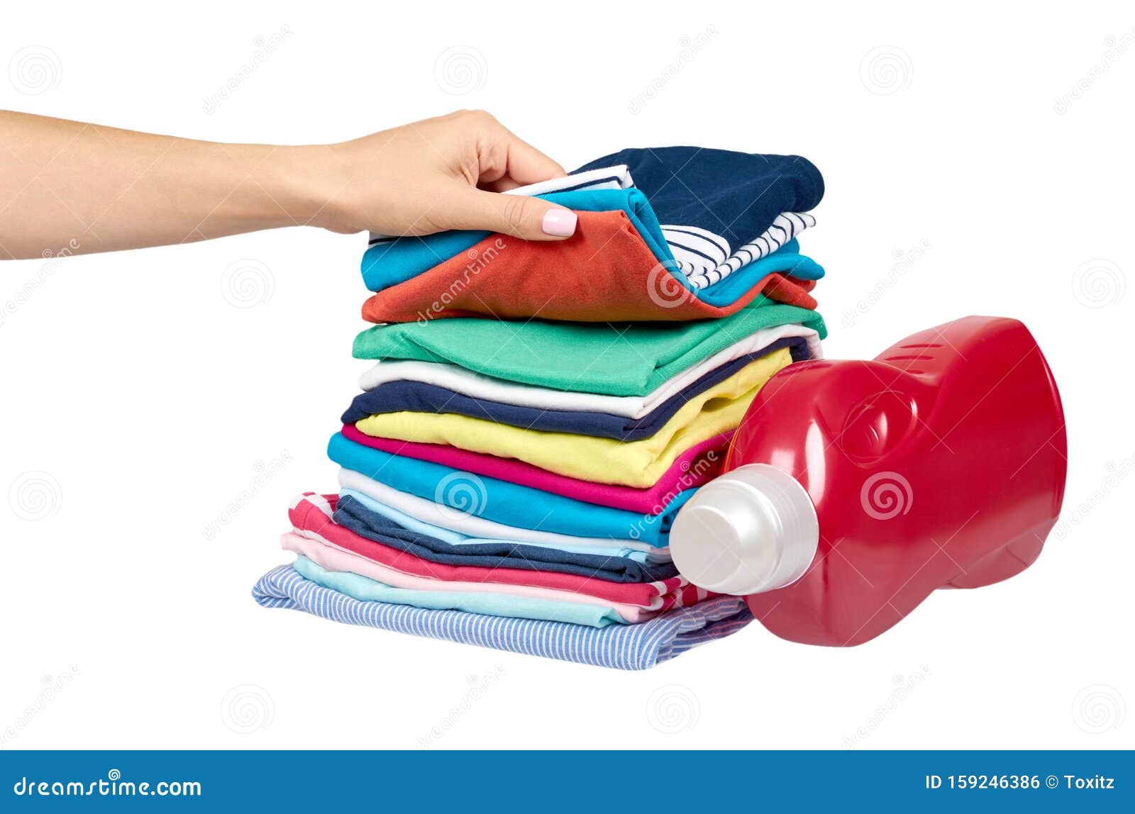 Hand with Stack of Clothes and Detergent Bottle, Fresh Laundry Textile