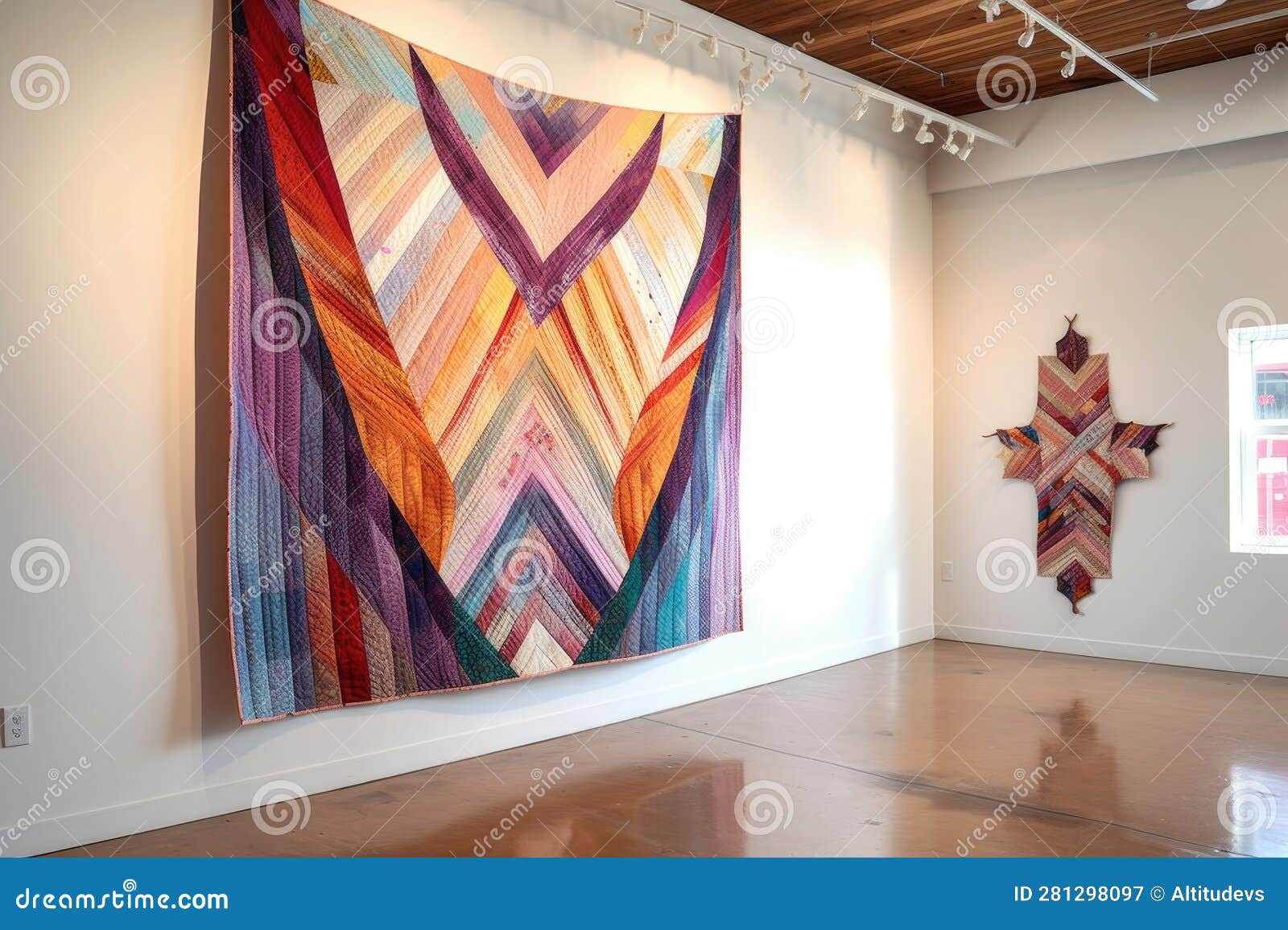 Handstitched Quilt Hanging on a White Wall Stock Illustration