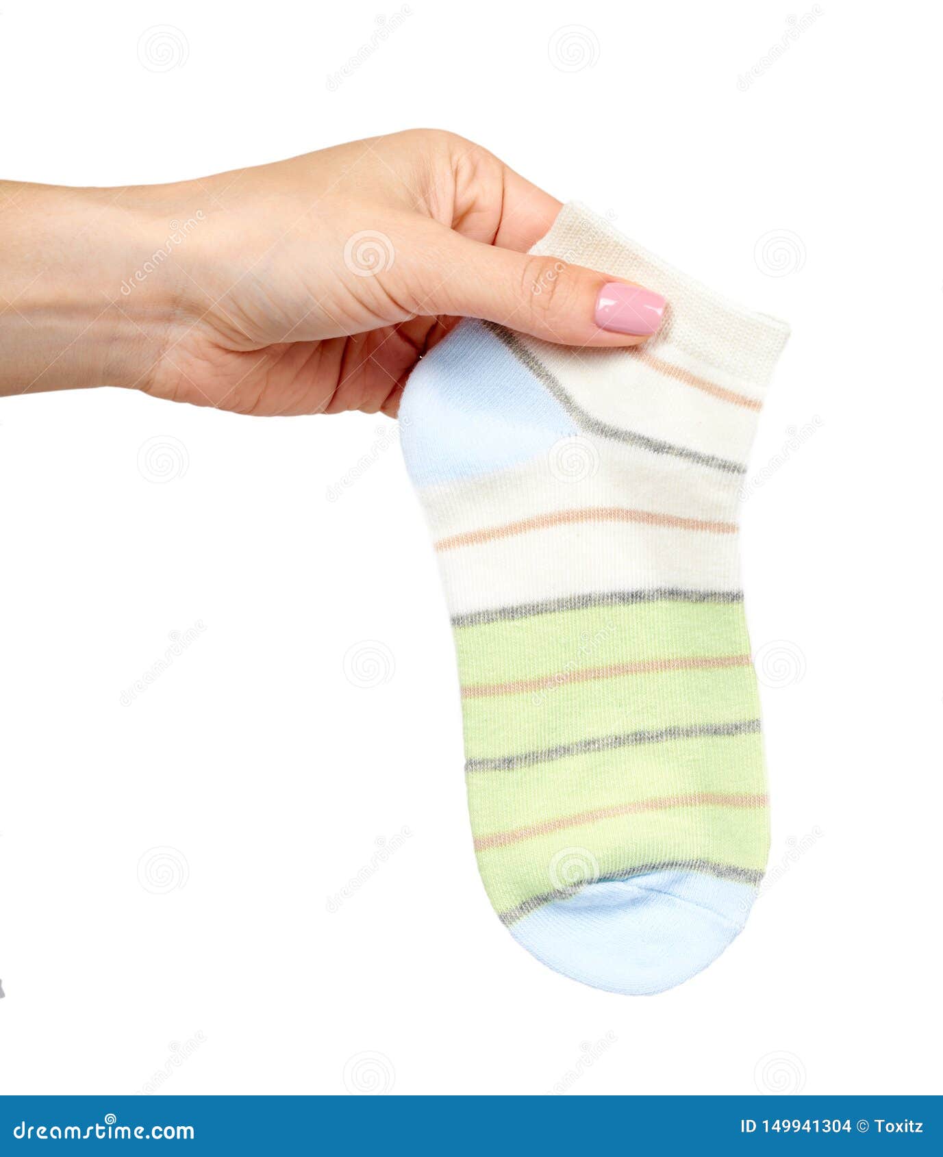 Hand with Striped Cotton Sock, Child Footwear Stock Photo - Image of ...